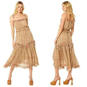 MISA Nita Midi Ruffle Dress in Flora Tile Mix Green and Pink Size S NWT